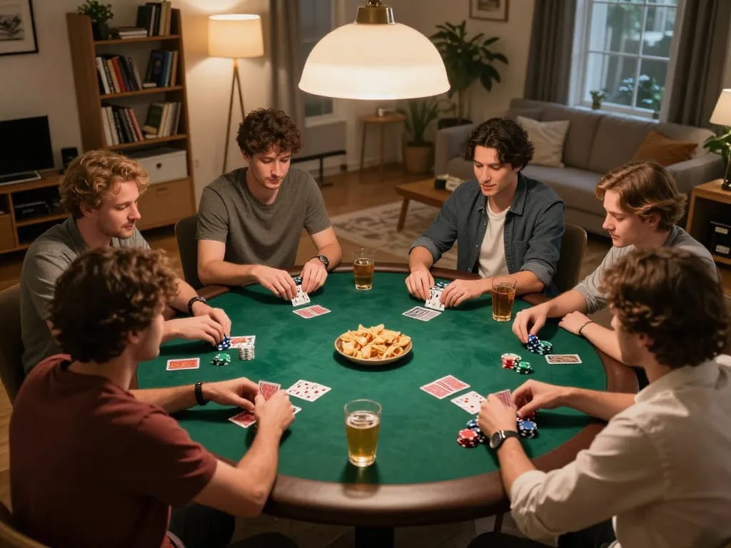 Suasana malam poker yang menarik di mana para pemain merumuskan strategi dengan fokus pada skor langsung.