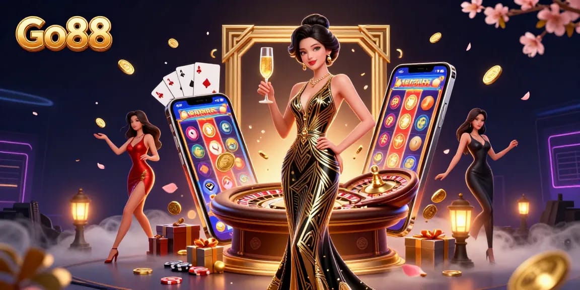 Win big at Go88 with stylish casino-themed illustration showing vibrant gaming action.