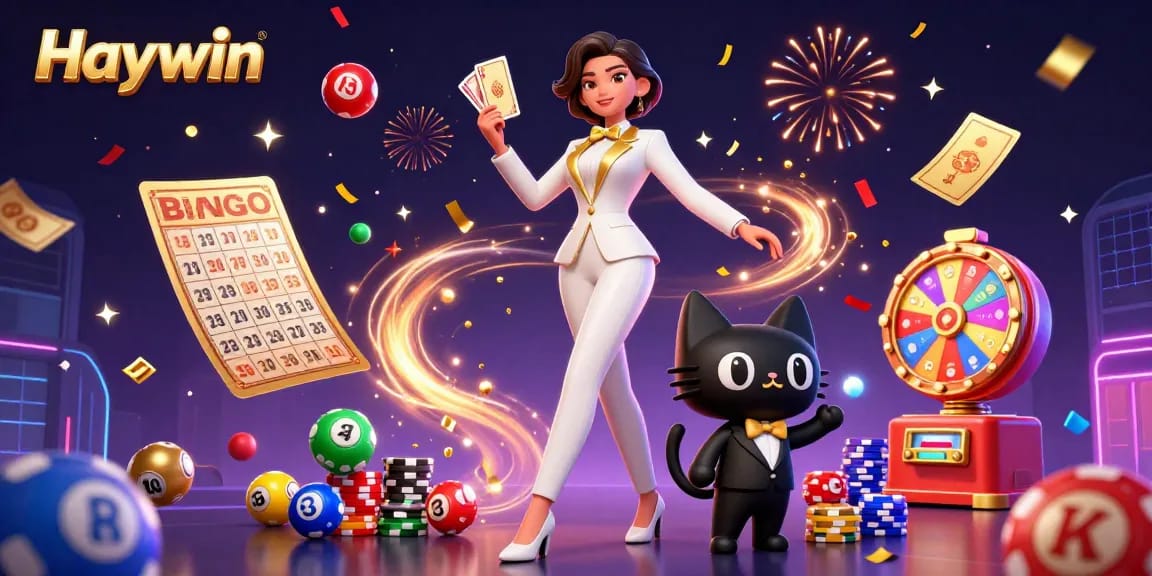 Engage with Haywin's vibrant casino experience, featuring a glamorous dealer and festive game elements.