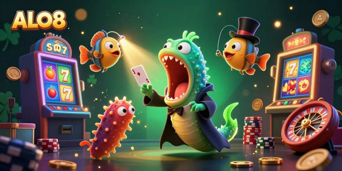 Play thrilling games at ALO8 with engaging visuals and captivating characters in a lively casino environment.