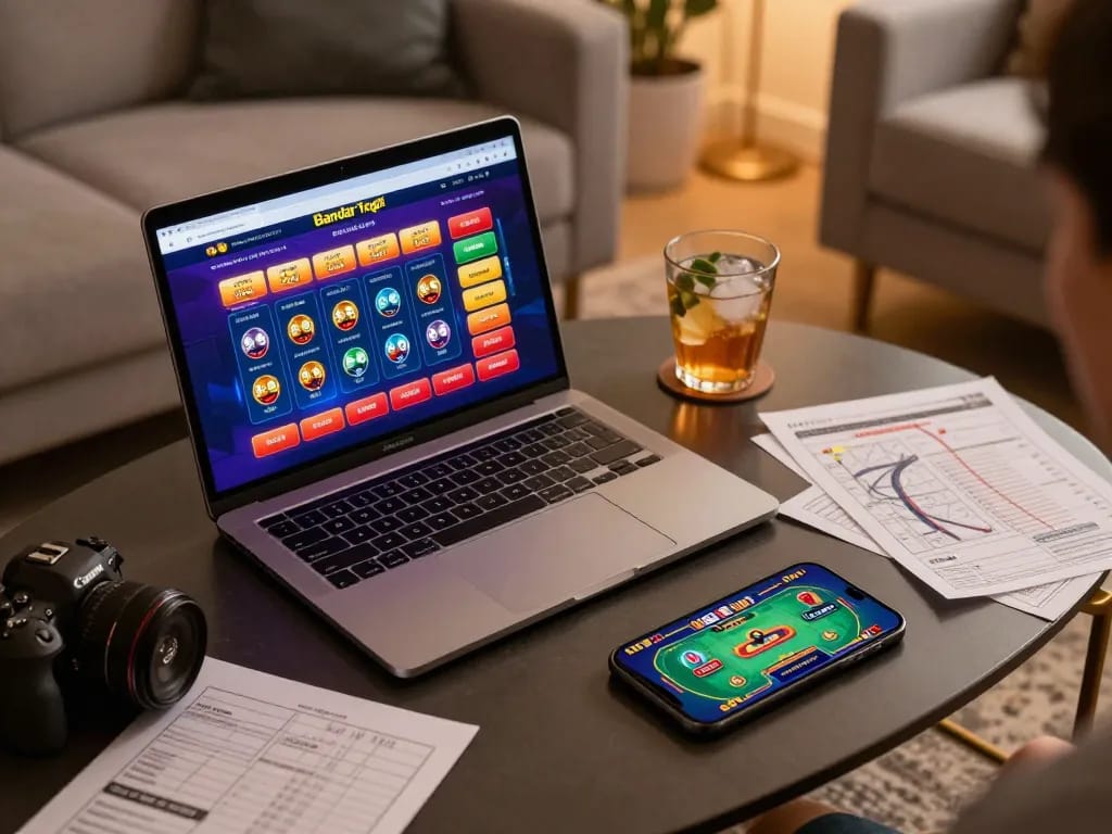 Pengaturan permainan bandar togel online yang menarik dengan laptop dan smartphone di ruang tamu yang nyaman.