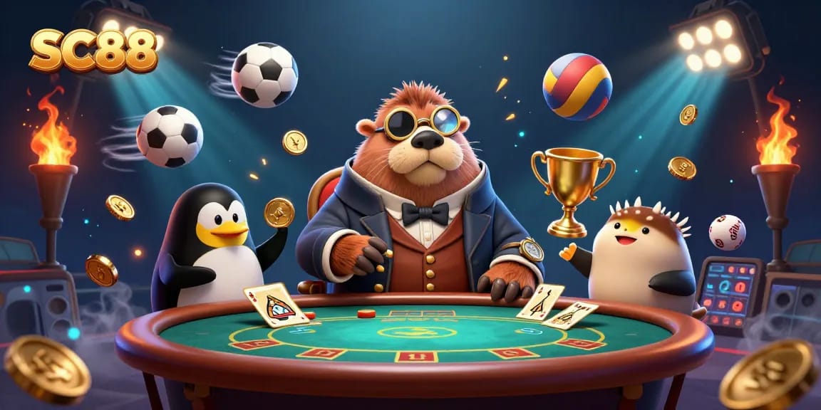 Engage in the thrilling world of SC88 with a whimsical underwater poker scene featuring unique characters.