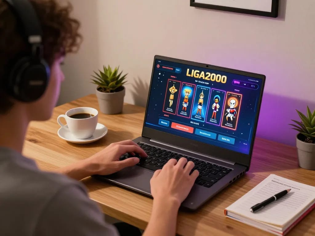 LIGA2000 player engaging with online slots in a cozy home office setting