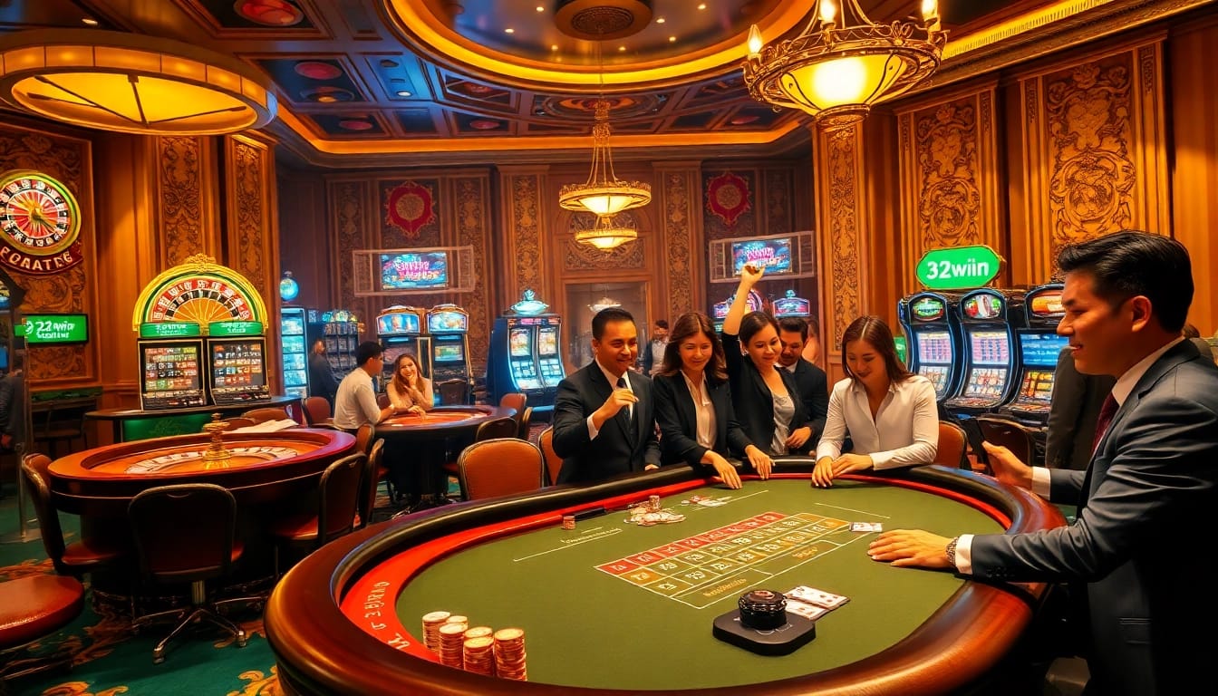 32win players engaging with vibrant casino tables and slot machines in an exciting gambling atmosphere.