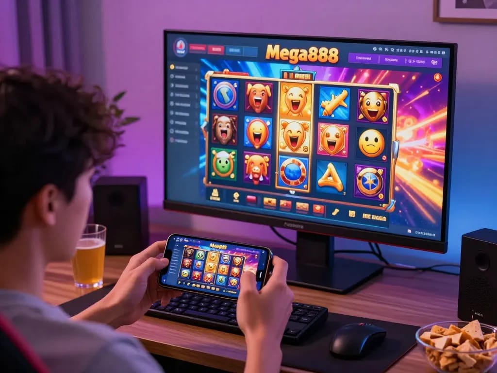Engaged player enjoying the mega888 apk gaming experience at home with vibrant graphics.