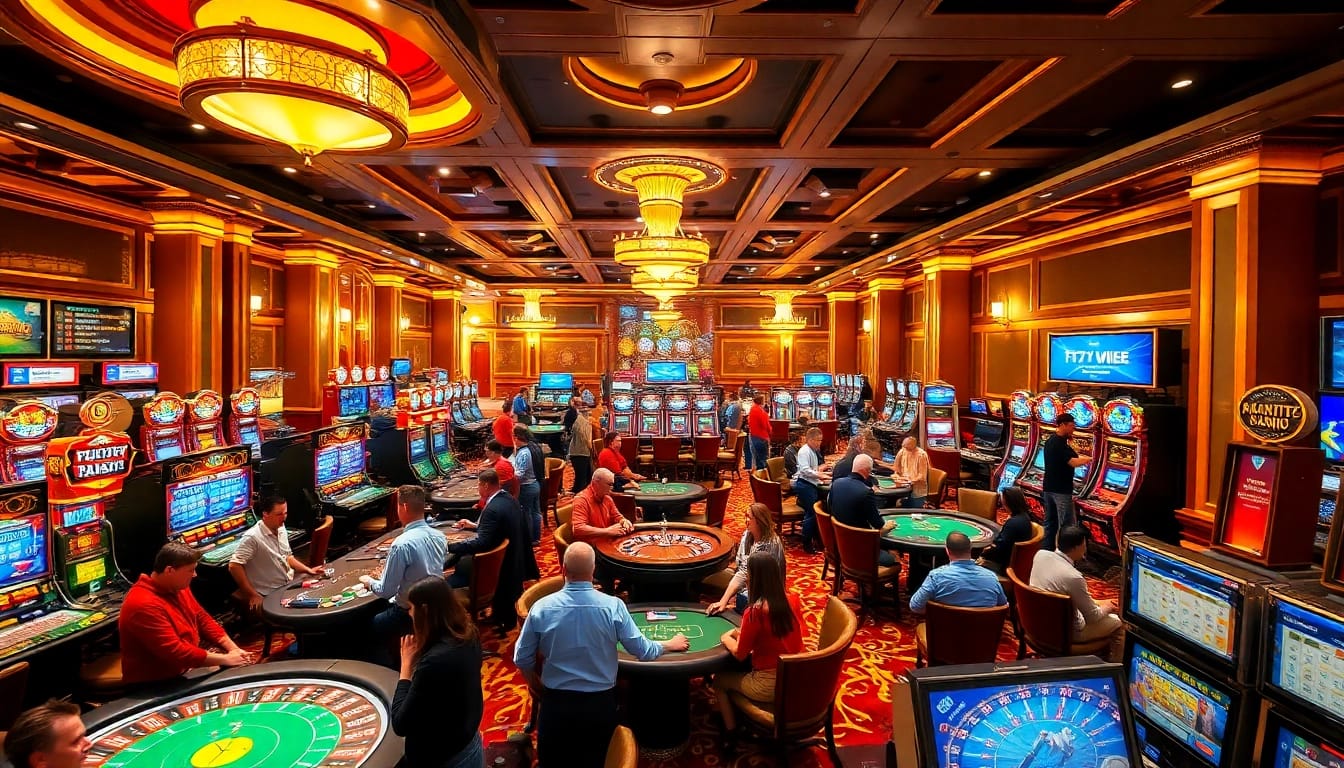Experience the thrill of gambling at 777VIP.tech with players enjoying slot machines and table games in a vibrant casino.