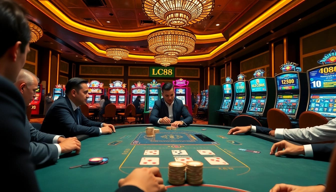Engaging scene with players at a poker table and LC88 branding, capturing the excitement of casino gambling.