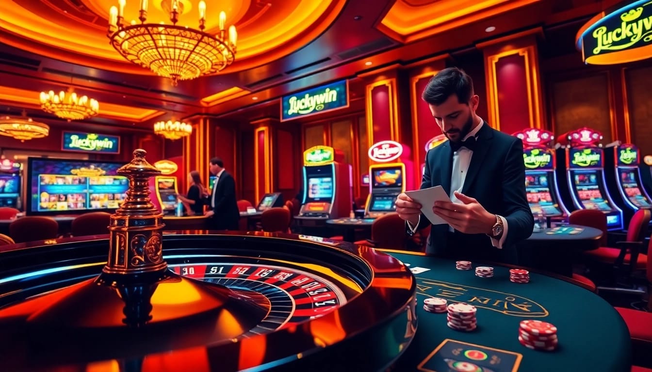 Experience high-stakes excitement at Luckywin casino with vibrant cards and roulette.
