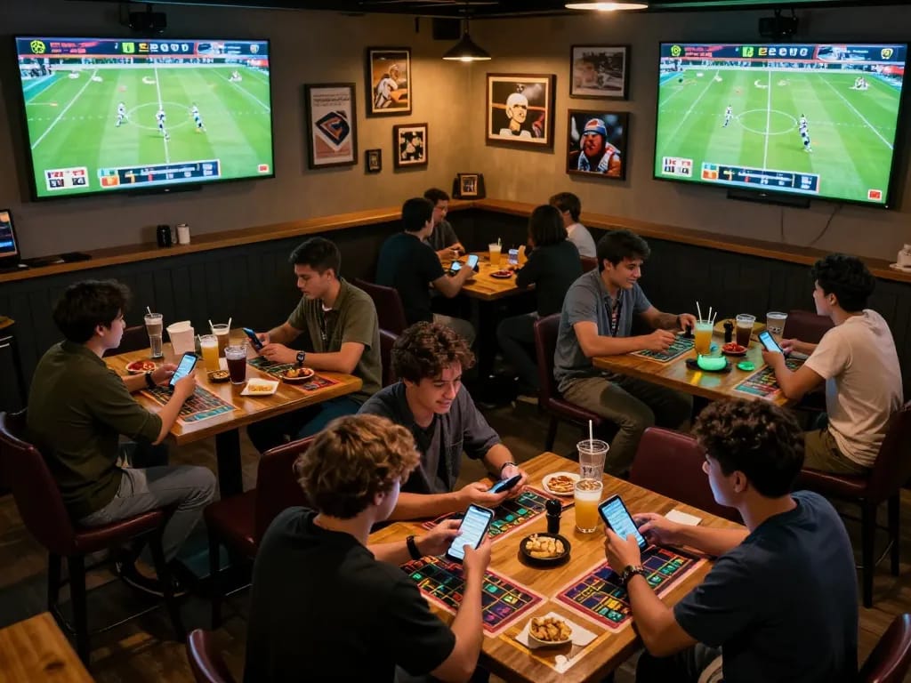Excited fans engaging in kèo bóng đá hôm nay while watching football in a sports bar.