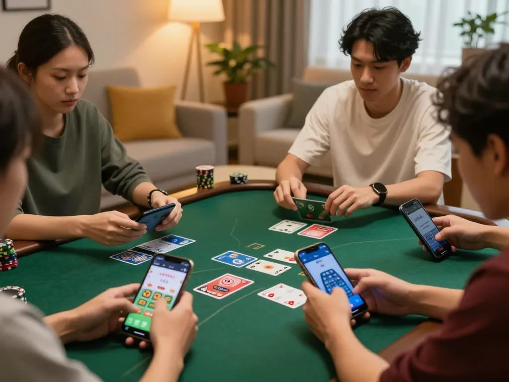 bl555 players engaging in online blackjack strategy on mobile devices in a cozy living room