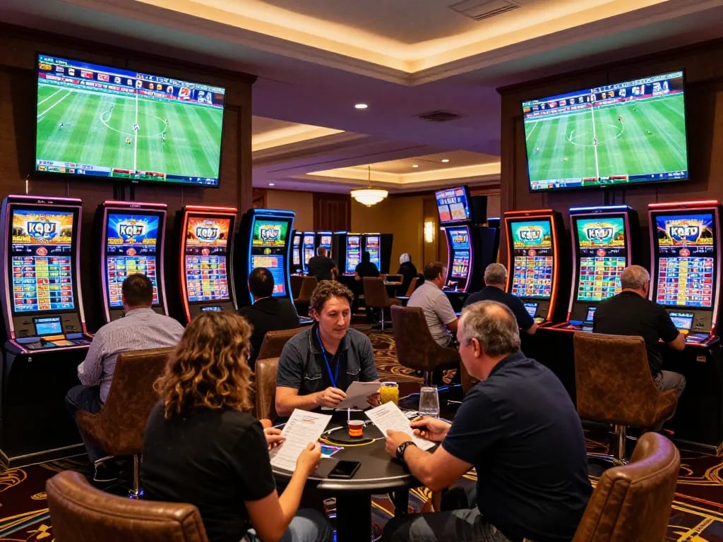 Kqbd sports betting lounge filled with enthusiastic patrons engaging in live betting during football matches.