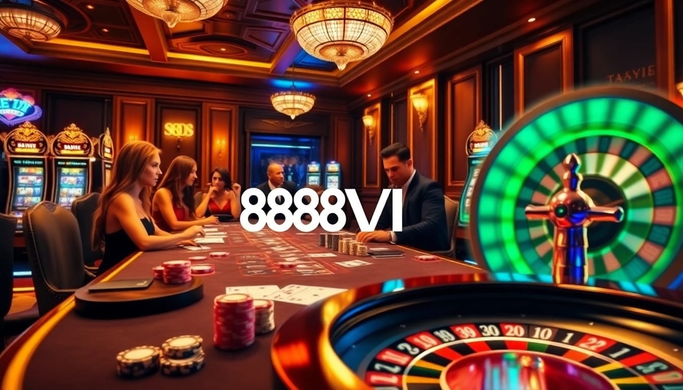 Exciting casino gameplay at 888VI with poker chips and roulette wheel in a luxurious setting.