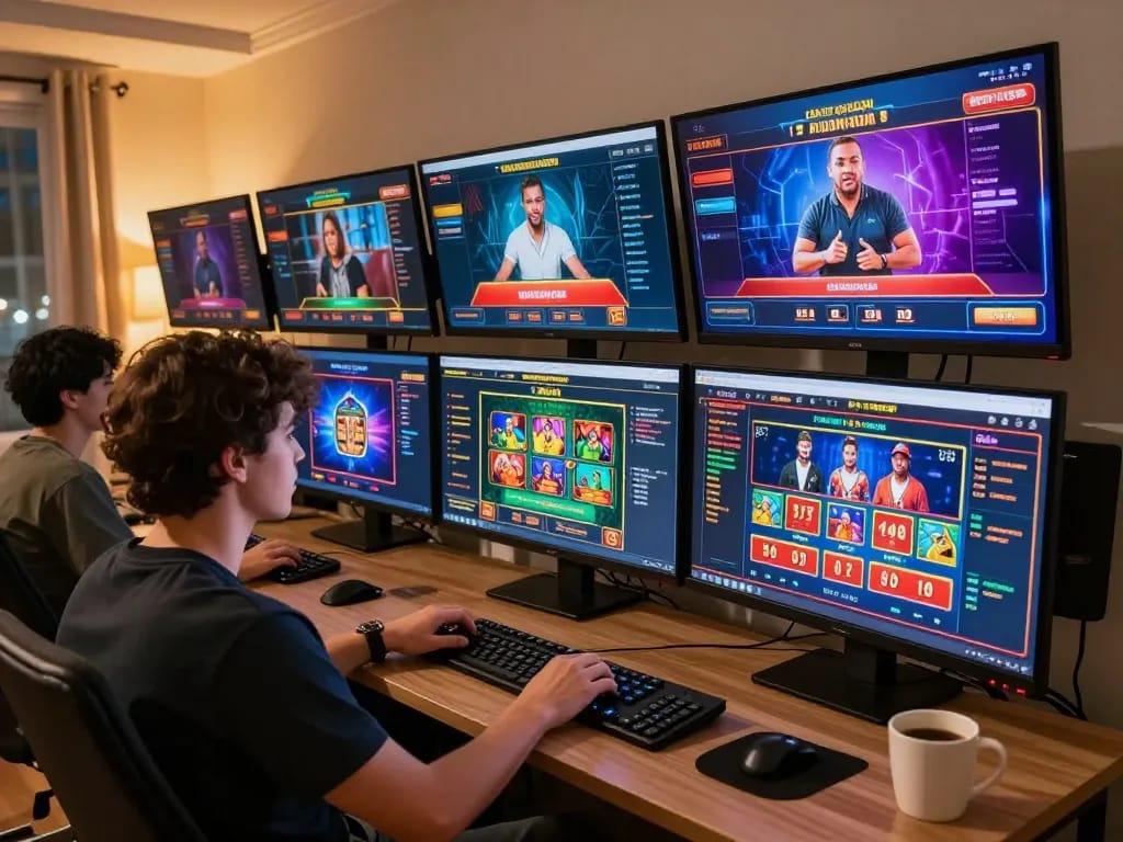 Kuwin player exploring live casino games on a modern home setup, emphasizing responsible gambling.