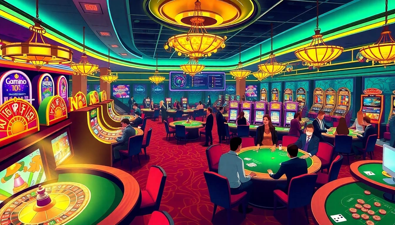 Engaging casino scene showcasing players around tables with nohu-themed betting strategies