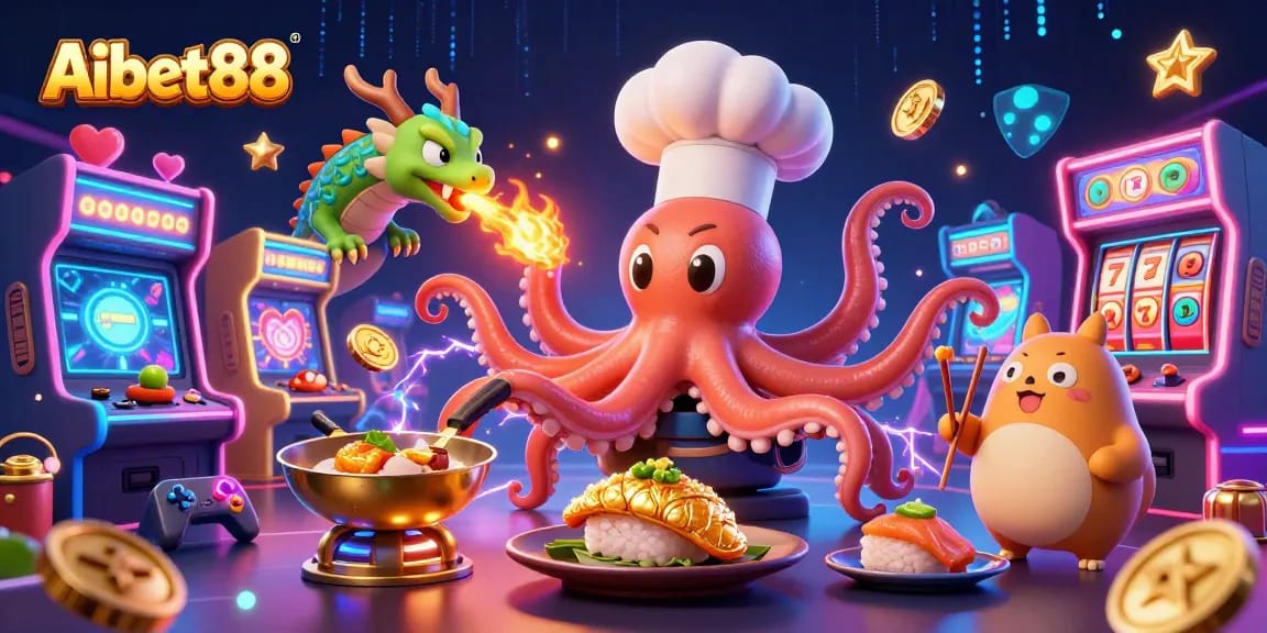 Aibet88 showcases a vibrant 3D scene with a sushi chef octopus, dragon, and tanuki, celebrating casino gaming.