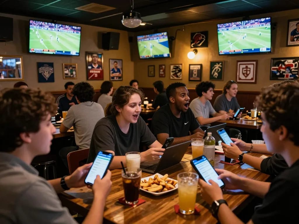 Fans engaging with kèo nhà cái trực tiếp while watching live sports in a vibrant sports bar