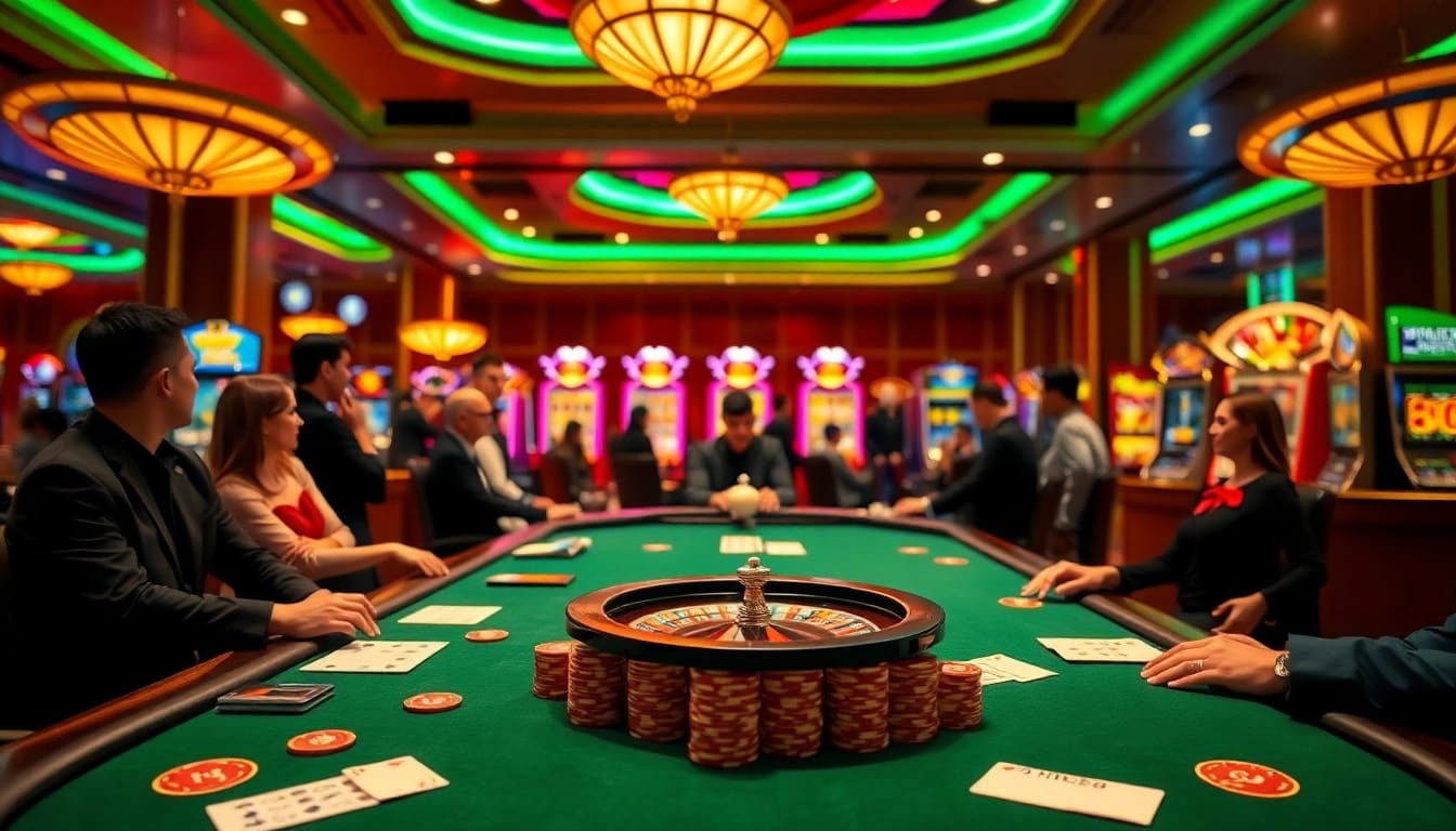 Experience exciting moments at New88's vibrant casino with players at a poker table amid luxury.
