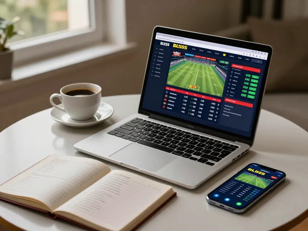 Engage with bl555 sports betting on a stylish table, showcasing a laptop and smartphone interface