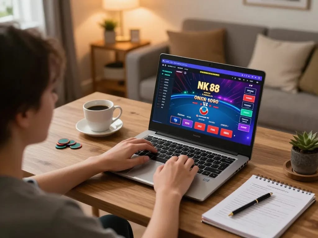 Navigating NK 88 online poker game on a laptop in a cozy home office setting