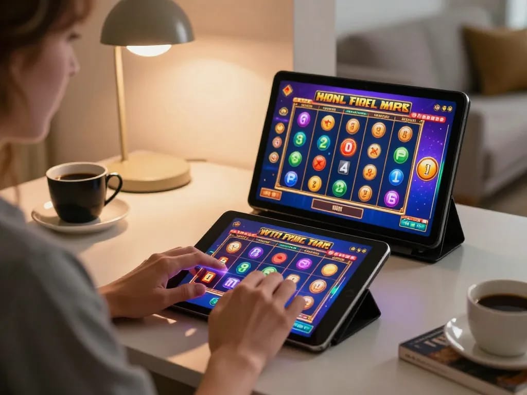 Engaging in slot online gameplay with tablet, cozy home environment fostering responsible gaming.