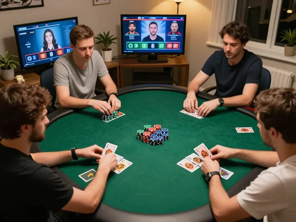 Players engaging in an online poker game with cm8888 on their screens, showcasing strategic gameplay.