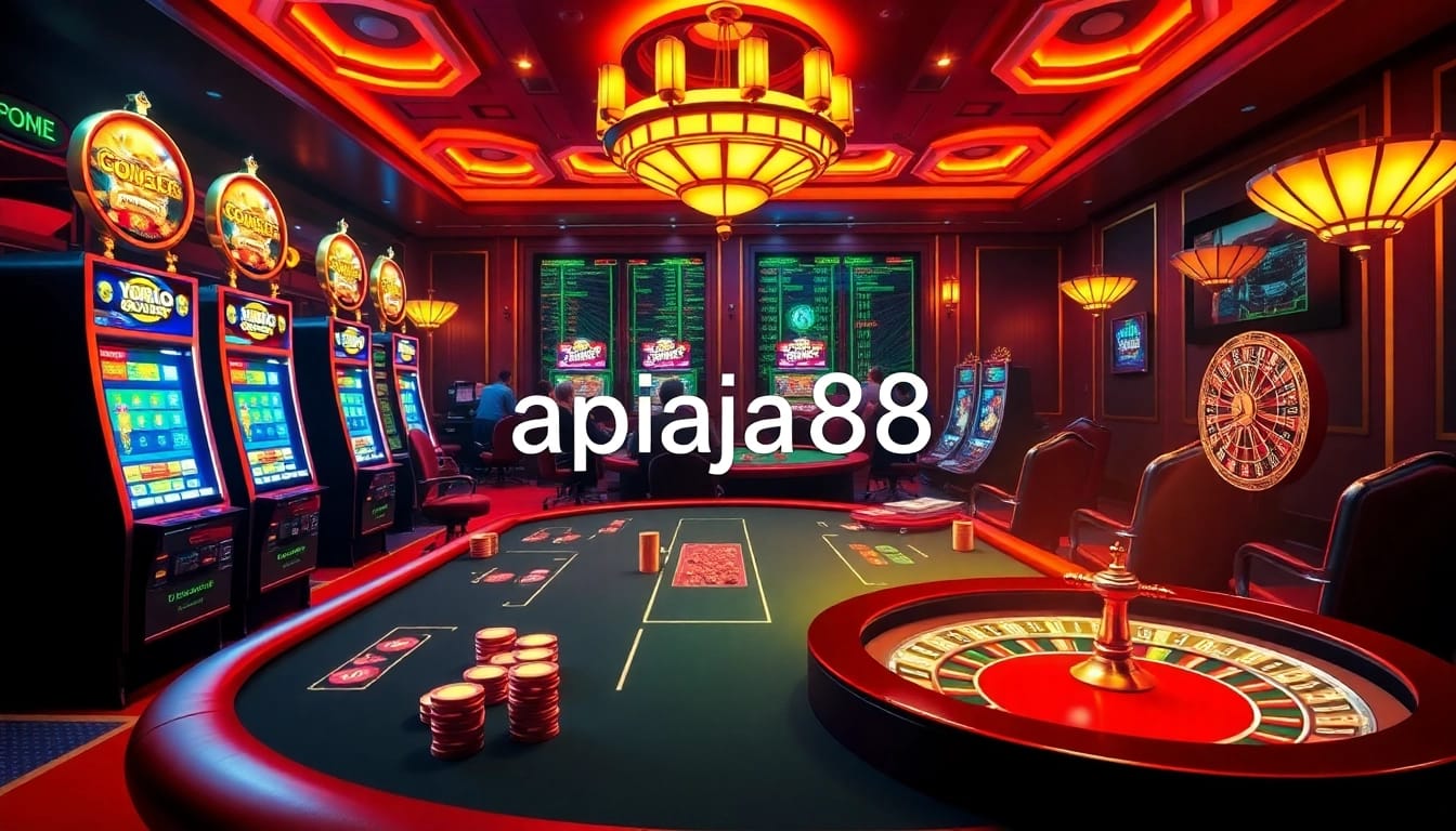 Experience the thrill of gambling with apiraja88 at vibrant casino tables featuring poker chips and roulette wheels.