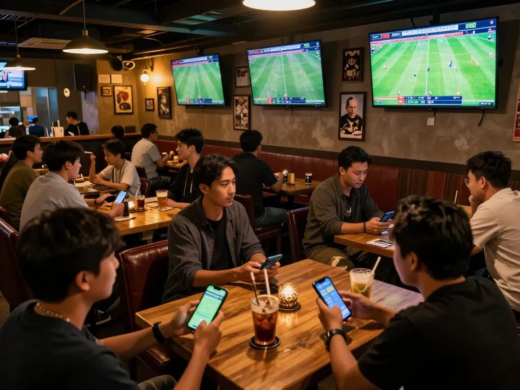 Kèo bóng đá hôm nay ambiance in a lively sports bar with patrons discussing bets.