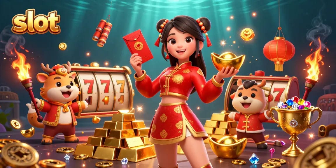 Play thrilling slot games with vibrant characters and golden treasures in this engaging illustration.