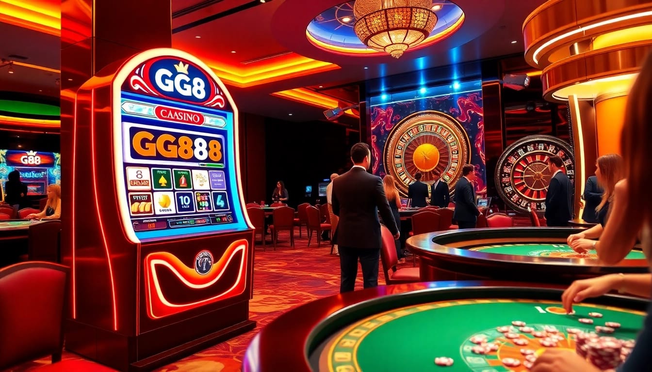 Players enjoying a thrilling gaming experience at the GG88 casino, featuring colorful slot machines and poker tables.