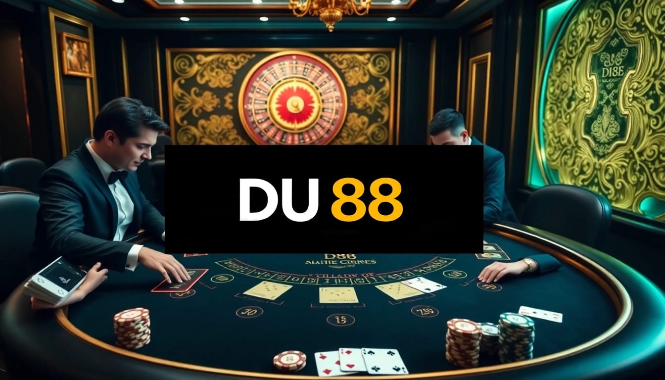 Experience the thrill of du88 with a lively blackjack table showcasing engaged players and luxurious decorations.