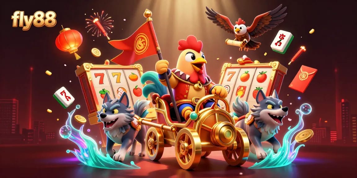 Engage with excitement at fly88, featuring a cartoon rooster warlord and dynamic gaming elements.
