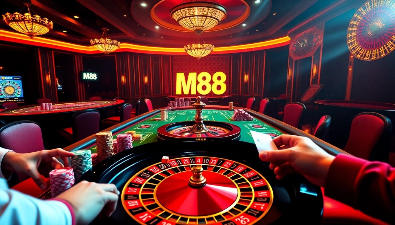Players excitedly betting at M88 casino with vibrant poker chips and a roulette wheel.