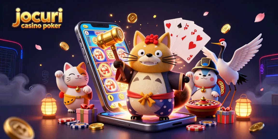 Joacă jocuri casino poker captivante cu un tanuki vesel, crane samurai și pisici norocoase în fundal.