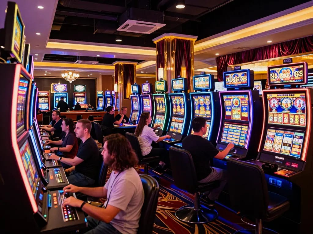 Players engaging with vibrant slot machines at king33 casino, showcasing excitement and entertainment.