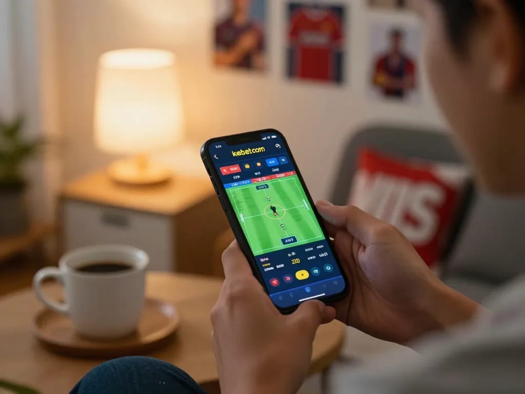 Betting on football odds using kebet com in a cozy living room setup, showcasing modern online sports wagering.