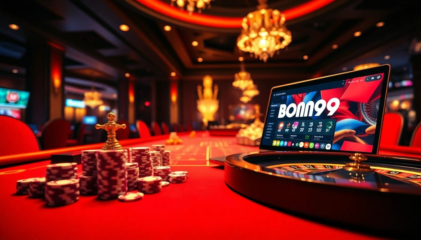 Bong99 players enjoying a thrilling moment at a poker table with vibrant casino elements.
