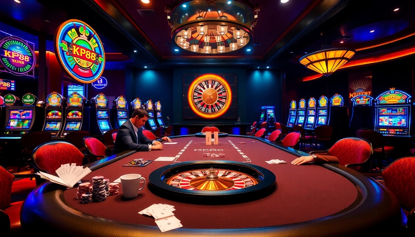 KP88 casino scene with poker games and vibrant slot machines enhancing gaming excitement.