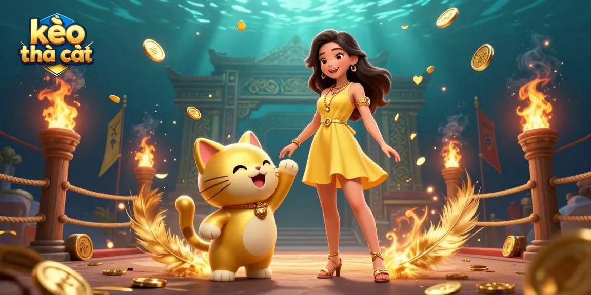 Place your bets with kèo nhà cái as a joyful Asian woman interacts with a golden lucky cat surrounded by festive elements.