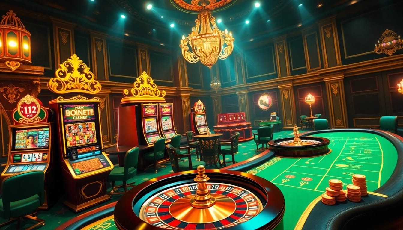 Bong88 gambling excitement with a luxurious online casino interface featuring slot machines and poker tables.