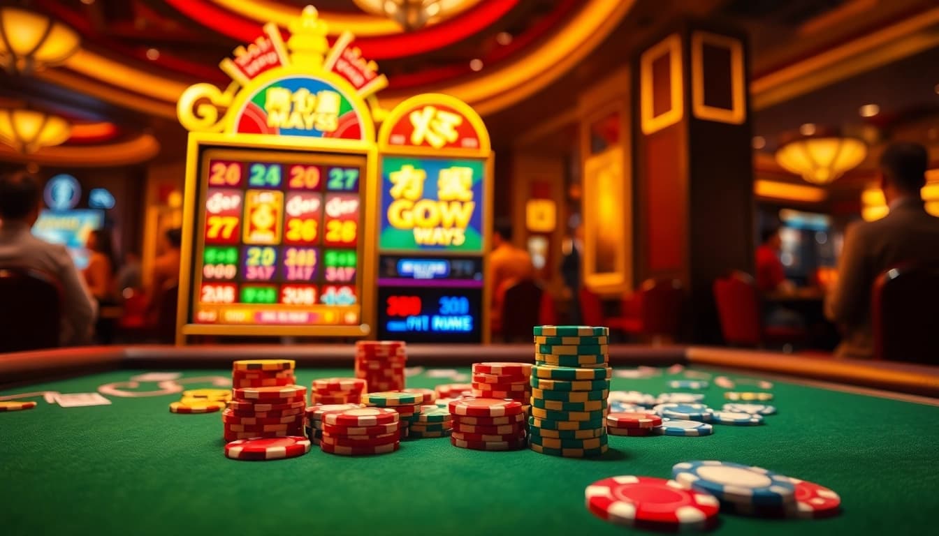 Exciting scene of สล็อต Gow Ways casino table with chips and players.