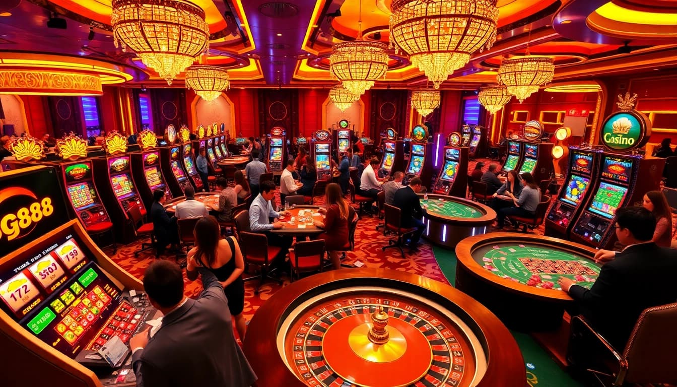 GG88 players intensely engaged at a vibrant casino table, showcasing poker chips and slot machines.
