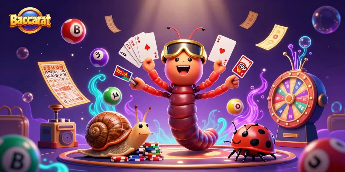 Baccarat dealer and characters engaged in a lively casino scene with vibrant game elements and dynamic visuals.
