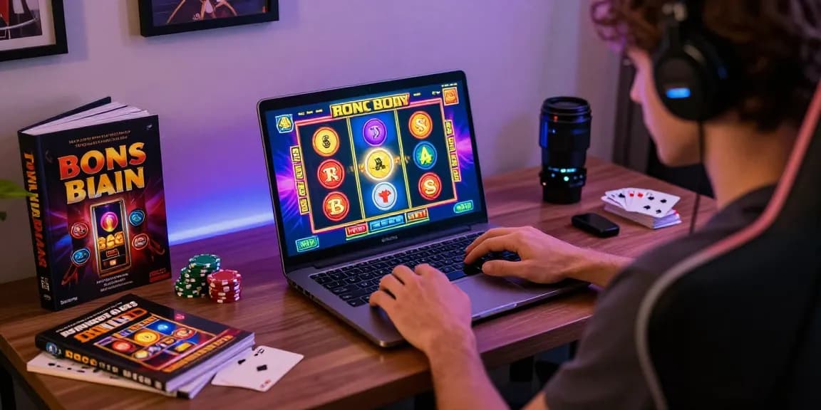 Player enjoying bonus buy slots in a cozy home casino setup with vibrant game graphics.