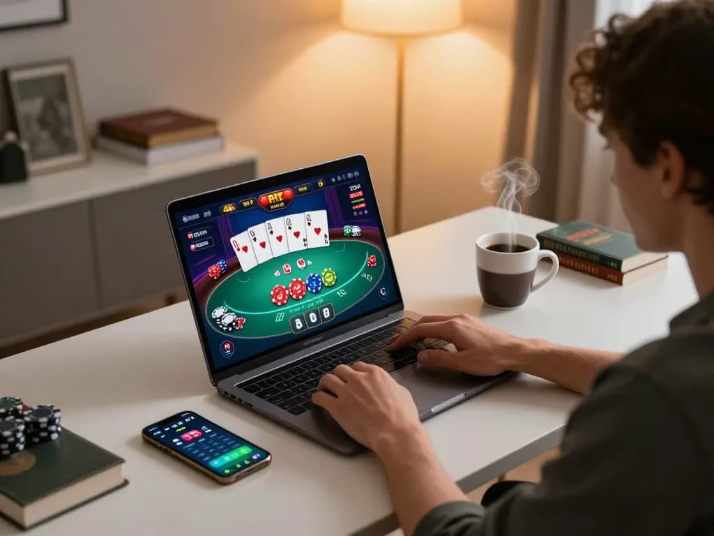 Pemain Tante77 terlibat dengan permainan poker online di laptop dalam pengaturan yang nyaman, menunjukkan permainan strategis.