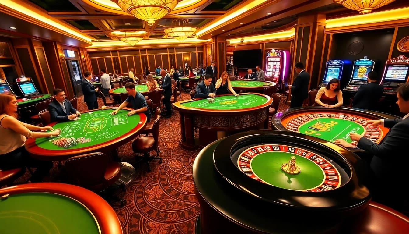 GO8 branded casino scene with players enjoying table games and vibrant slot machines.