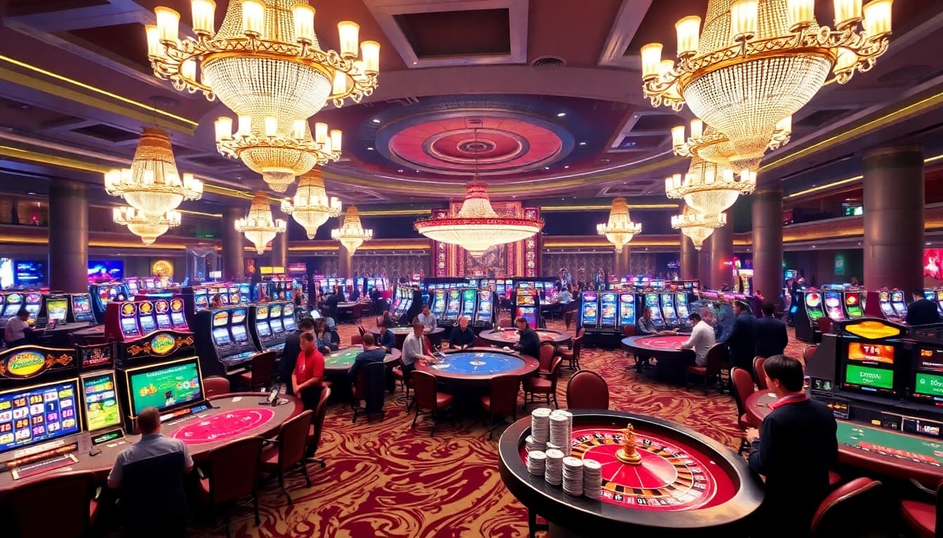 Experience thrilling gameplay at RR88's vibrant casino atmosphere with tables and slot machines.
