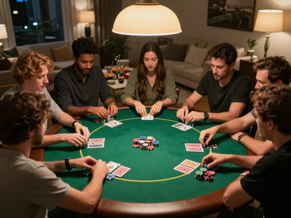 Enjoying an exciting game of Texas Hold'em at an online casino Malaysia experience with friends around a poker table