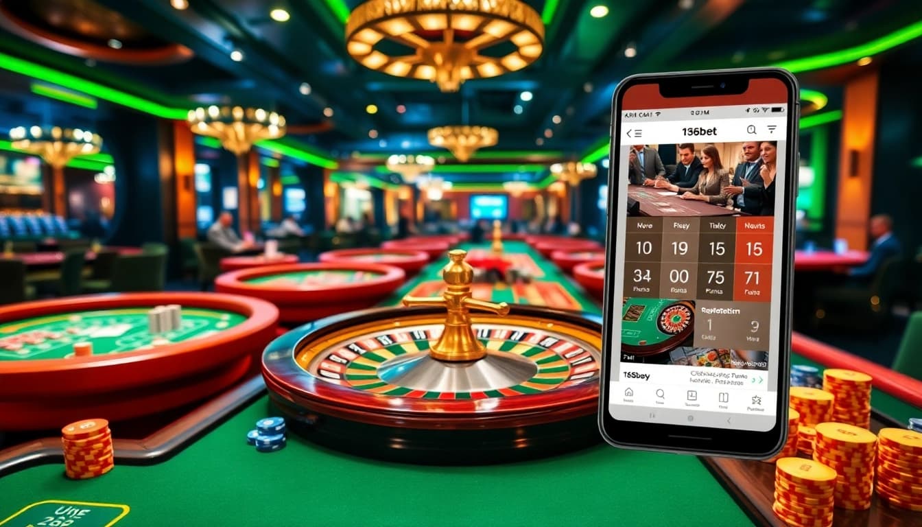 Experience the excitement of winning with 136bet Download in a vibrant casino setting featuring tables, roulette, and chips.