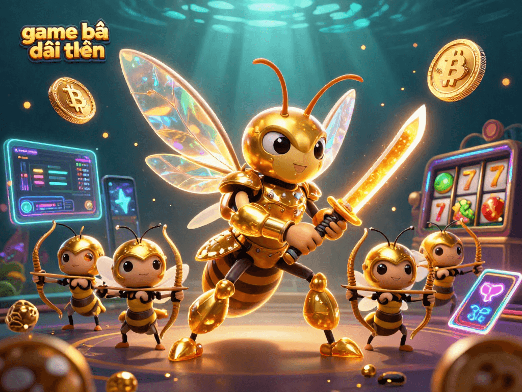 Engage in thrilling game bài đổi thưởng while surrounded by dynamic slot machine elements and crypto visuals.