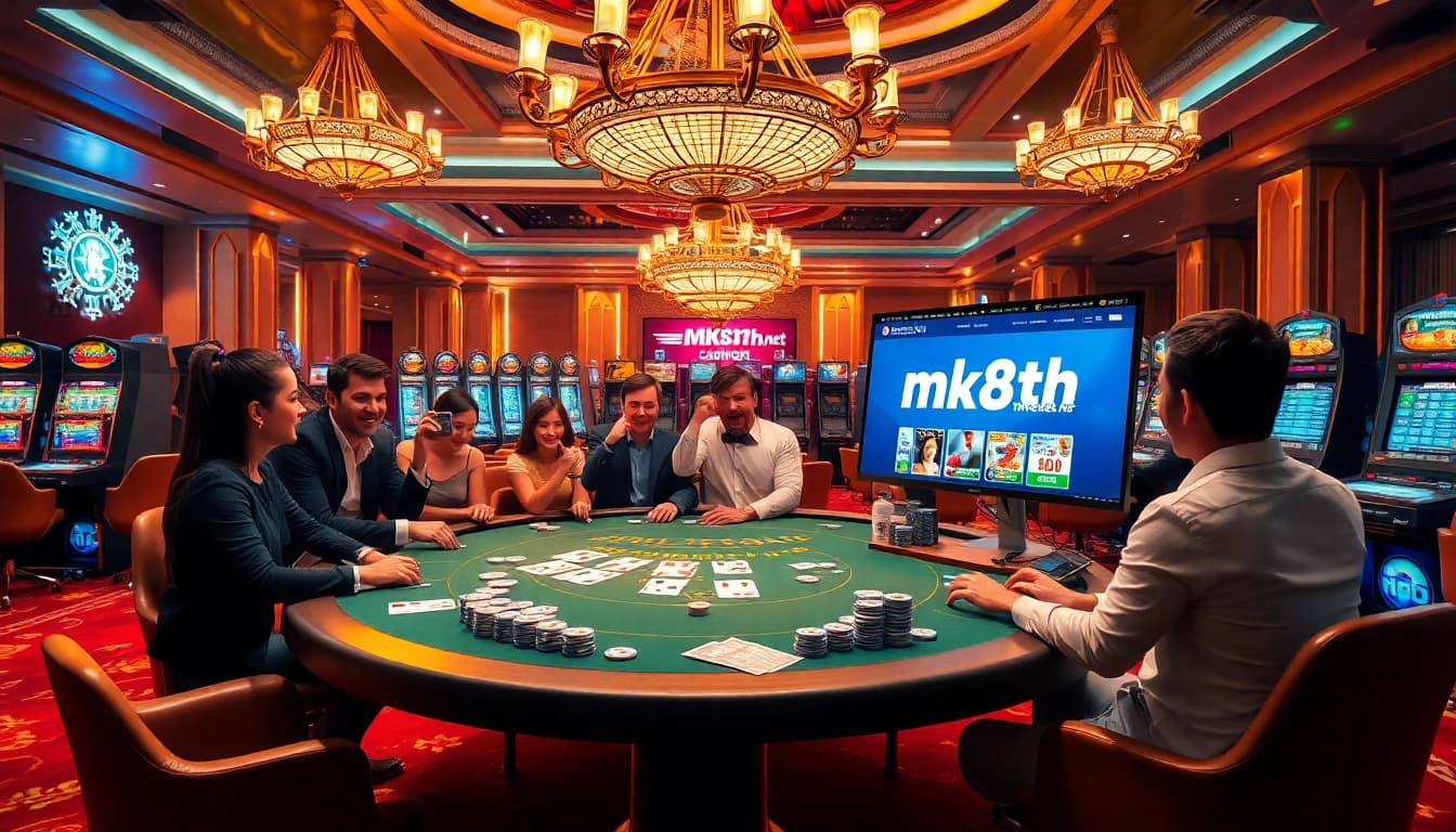 Delighted players engage in high-stakes poker with chips and cash reflecting excitement at https://mk8th.net/.